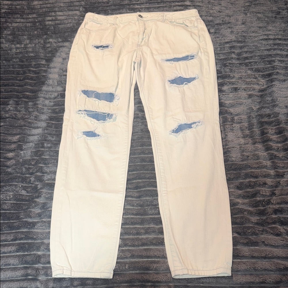 American Eagle Outfitters White Boyfriend Jeans with Blue Distressed Panels